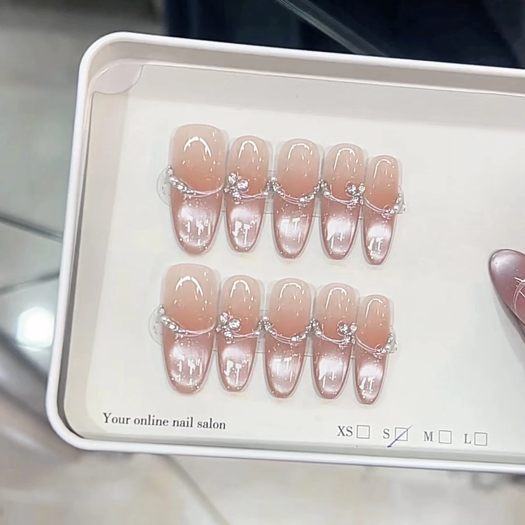 

10 шт./пакет, длинные овальные ногти ручной работы, французский дизайн, магнитные кошки с драгоценными камнями для ногтей, съемные накладные ногти