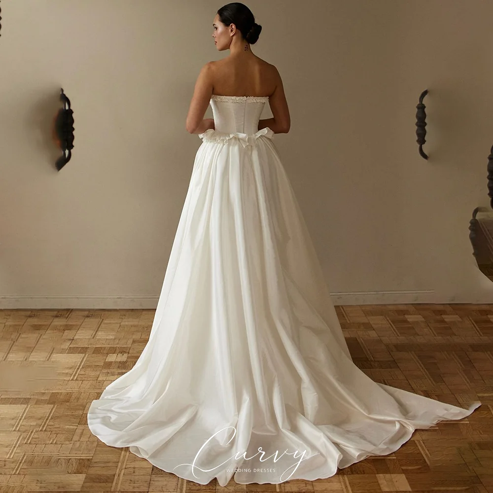 Curvy Sweet Girly Strapless Satin A-Line Wedding Dress with Corset Bodice Backless Customized for Brides 2026