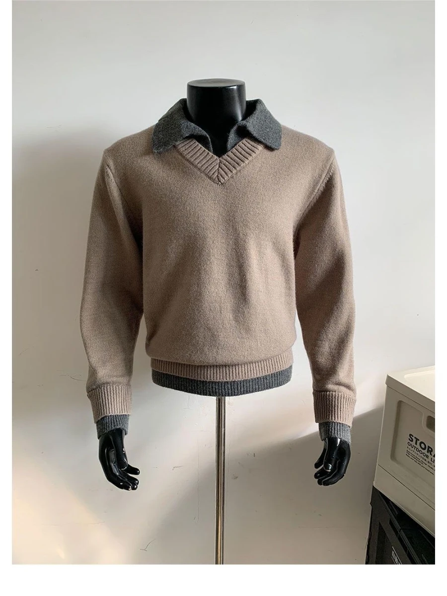 

Мужской зимний трикотажный свитер с V-образным вырезом в американском стиле, ретро-воротник, в стиле Old Money, с длинными рукавами, из мягкого полиэстера, повседневная верхняя одежда