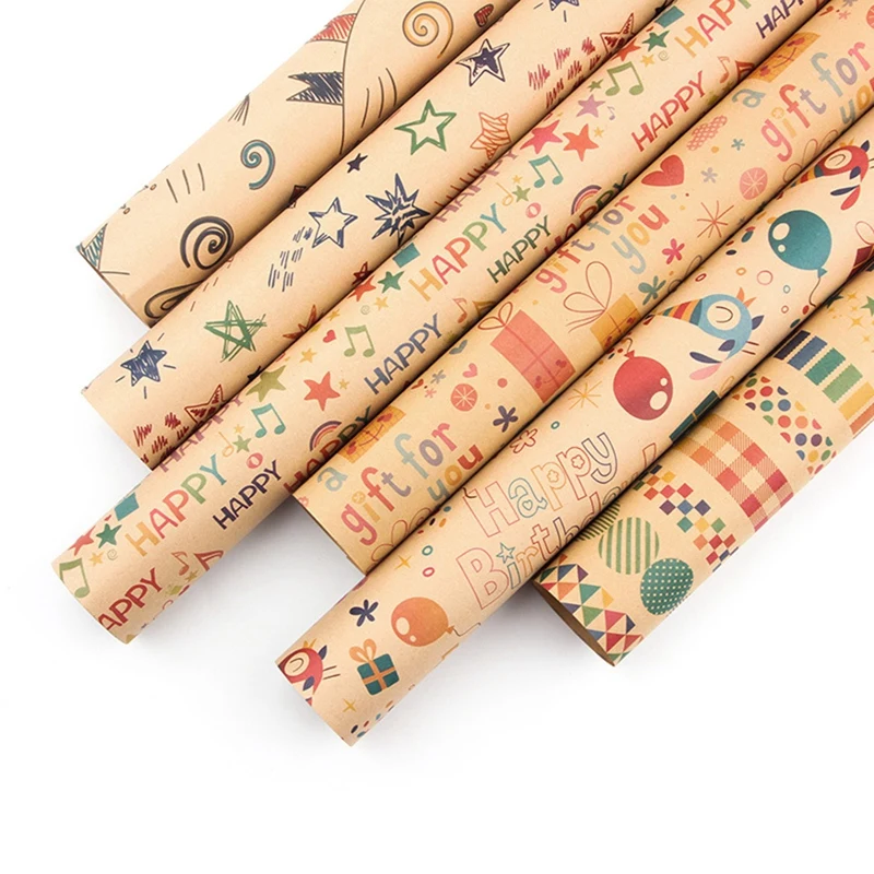 Embrulho Paper Sheets Set, Papel de embrulho de aniversário, Festival Gift Wrap Papers, Fita Presente Presente, 6 pcs