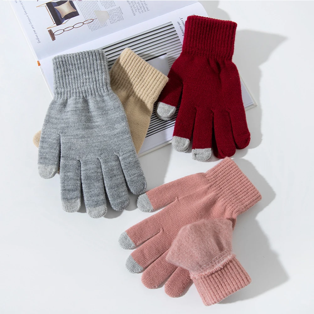 Winter Warm TouchScreen Gloves Women Men Stretch Knitted Mittens Plush   Full Finger Outdoor Sport Cycling Gloves Accessories