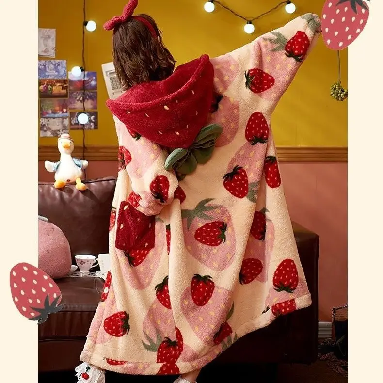 Winter Pajamas For Women Strawberry Cartoon Hooded Long Robe Jacket Cute Home Wear Sleepwear Kawaii Flannel Warm Comfy Bathrobe