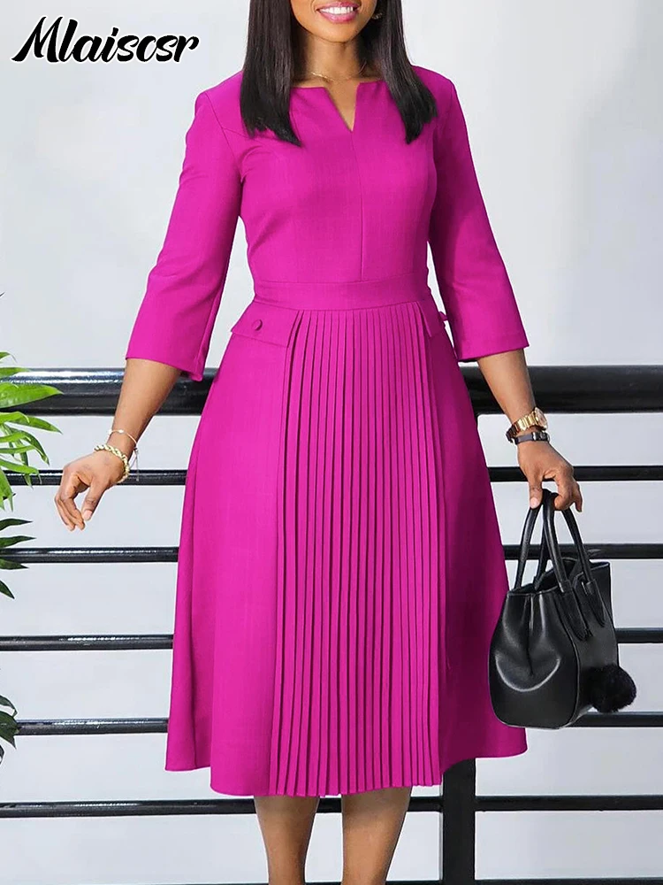 Mlaiscsr Elegant Pink A-line Dresses Women V-neck 3/4 Sleeve Pleat African Party Evening Guest Birthday Midi Dress OL Clothing