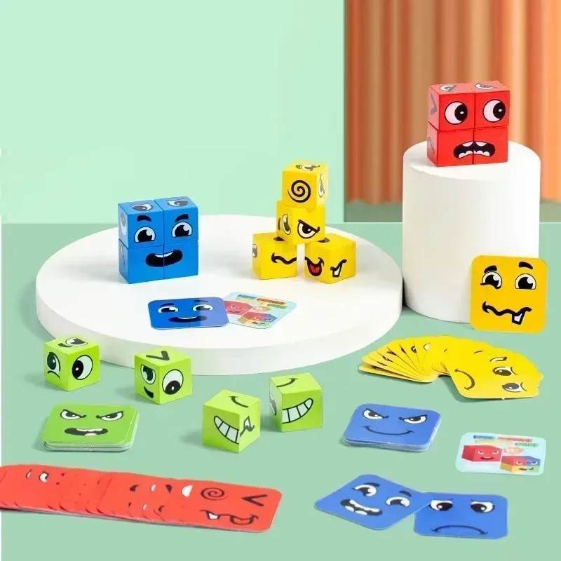 Montessori Puzzle Building Blocks Cube Children's Face Changing Expressions Building Blocks Tabletop Games Toys New