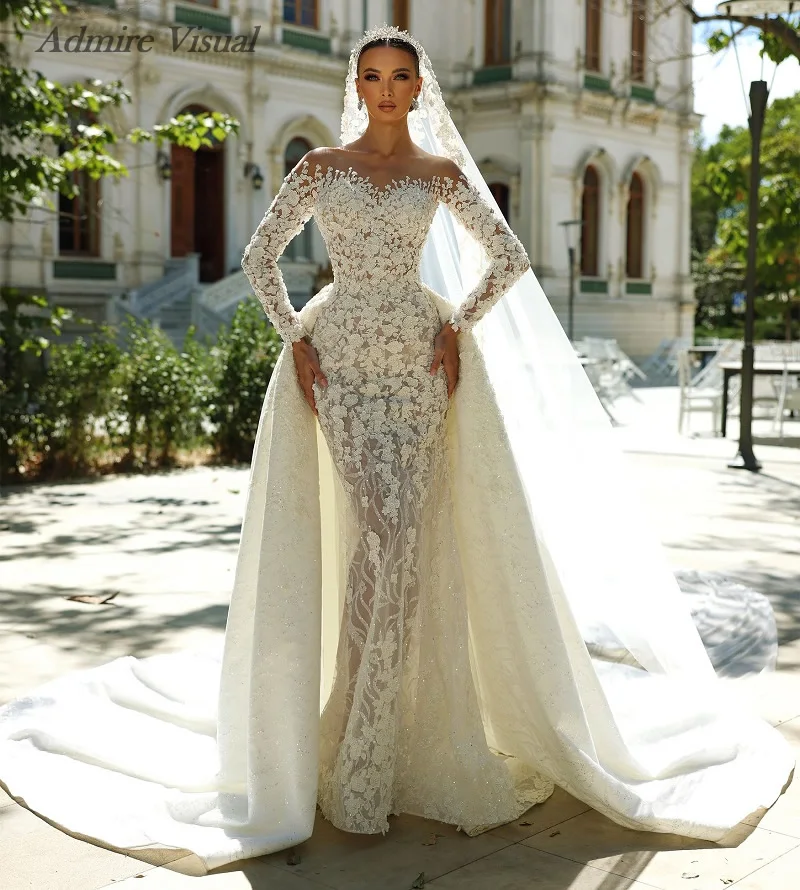 

New Arrive Sparkle Wedding Dresses Mermaid 2 In 1 Sheer Neck Full Sleeves With Detachable Train Customized Vestidos De Novias