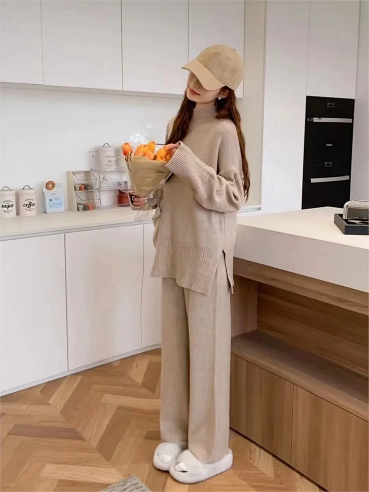 Autumn Winter Woolen Loose Knitted Two Piece Set Women Solid Half High Collar Splited Sweart+Wide Leg Pants Casual Outfits Suits