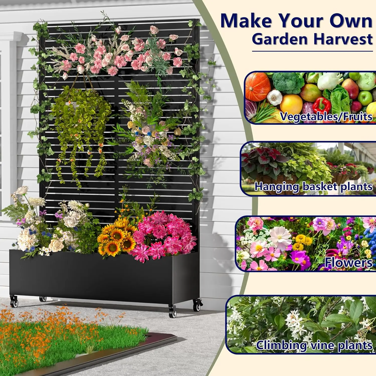 Outdoor Gardening Galvanized Steel Planter Box in Black, with Trellis, Privacy Screen, Drainage Holes & Lockable Casters view 5