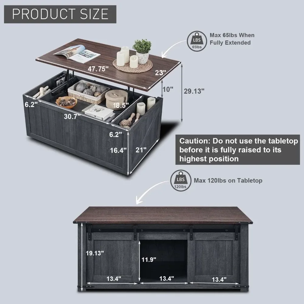 Farmhouse Cocktai Lift Top Coffee Table, deslizante porta de celeiro, mesa central madeira rústica com espaços de armazenamento duplo, 48"