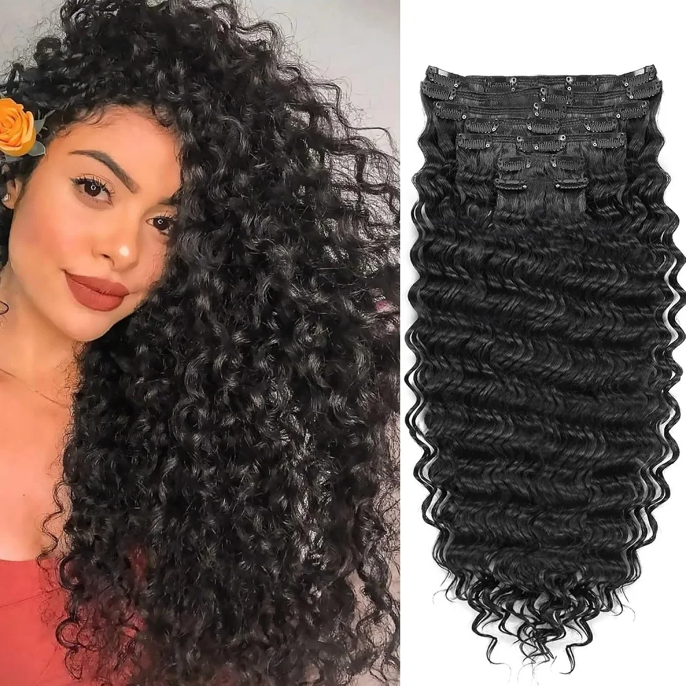 

Заколка для наращивания черных волос, человеческие волосы, невидимая заколка на всю голову, человеческие волосы, 8 шт., 100 грамм, глубокая волна