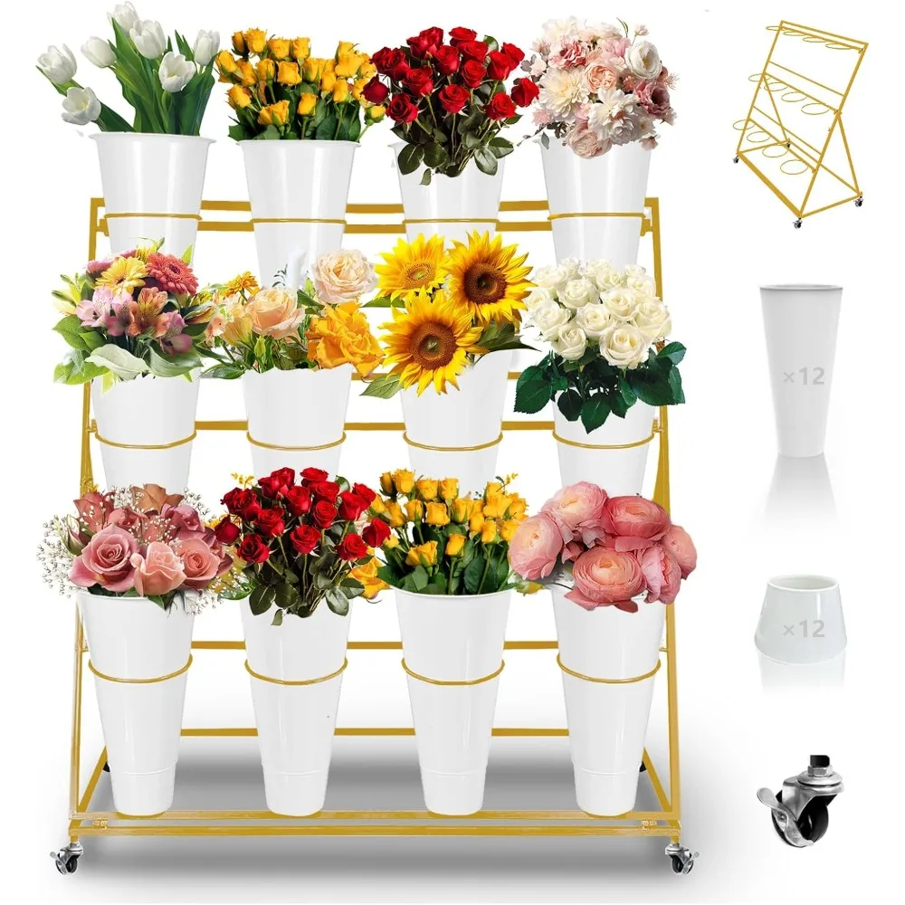 

Flower Display Stand with 12 PCS Buckets, Flower Cart Display Stand with Wheels, 3 Layers Heavy Duty Moving Plant Cart Shelf