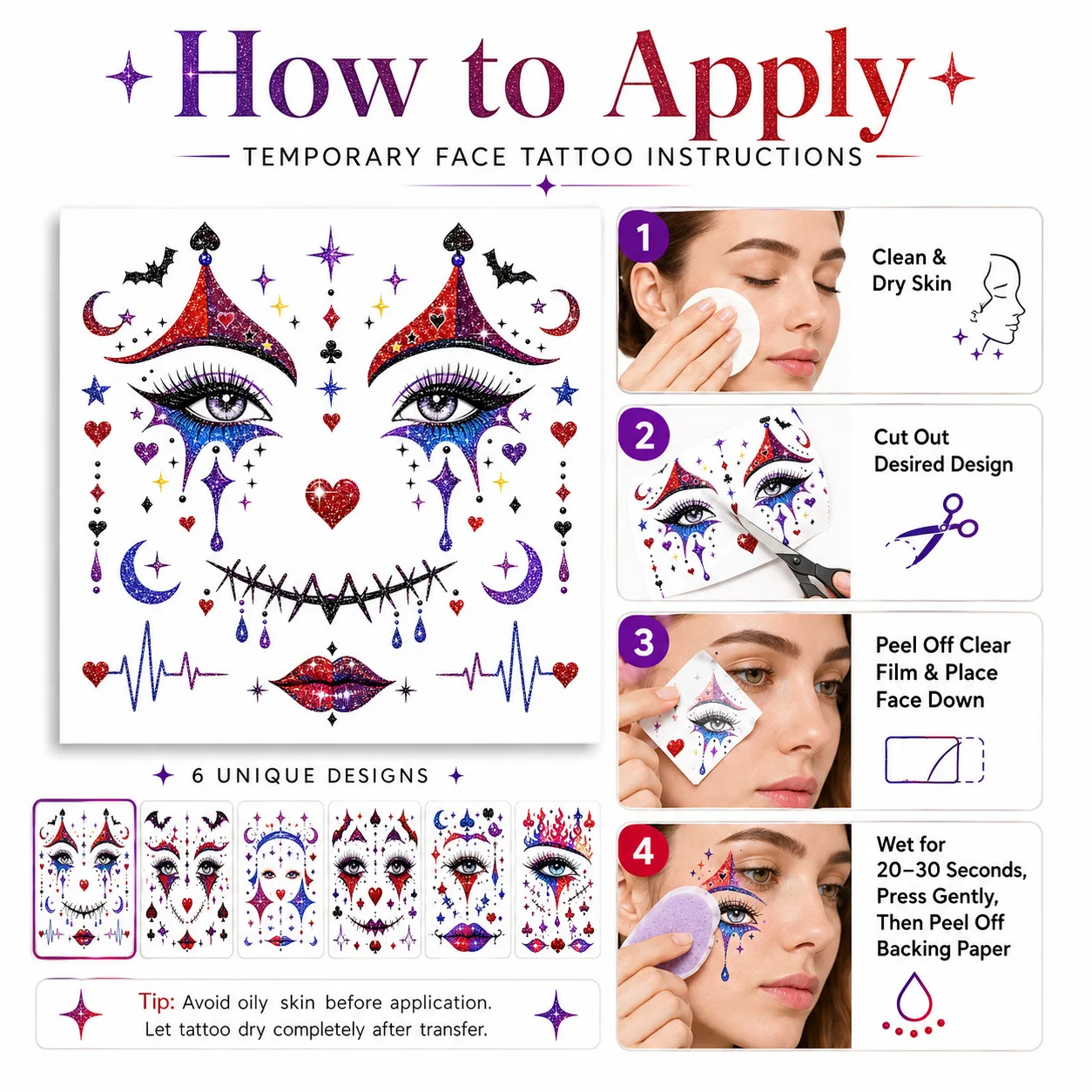 6-teiliges Set Halloween Wasserfeste Glitzer-Clown-Gesichtsaufkleber – Poker-Themen-Party-Make-up & Neuartige Gesichtsdekorationen – Detail 5