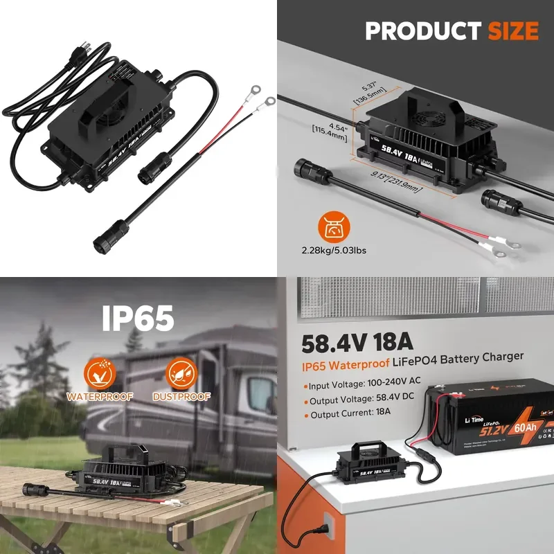 LiTime Three-stage Charging IP65 Waterproof Professional Lithium Battery Charger 58.4V 18A Input Cable LED Indicators