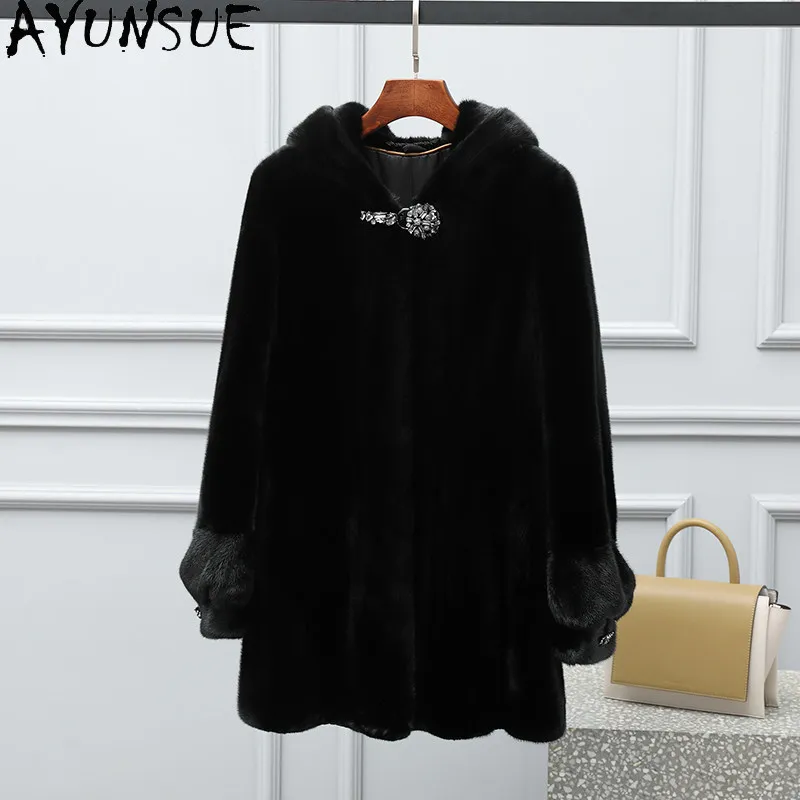 

AYUNSUE Real Mink Fur Coat Woman Winter Clothes Woman Mid-length Fur Jacket Hooded Elegant Fur Coats Woman Tops Manteau Femme