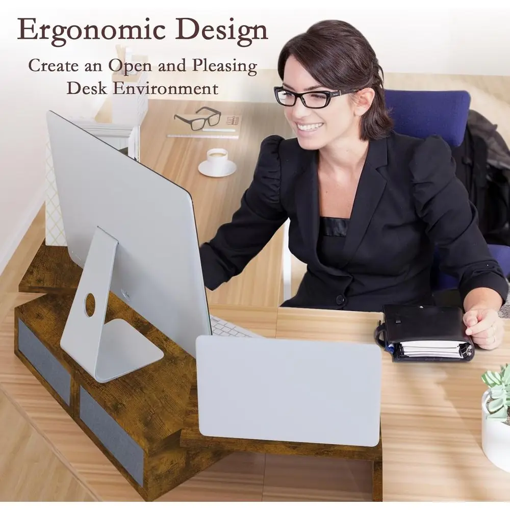 Adjustable Dual Monitor Stand with Storage Drawers, White Desk Organizer for 2 Screens/Laptops, Wood TV Stand (Brown)