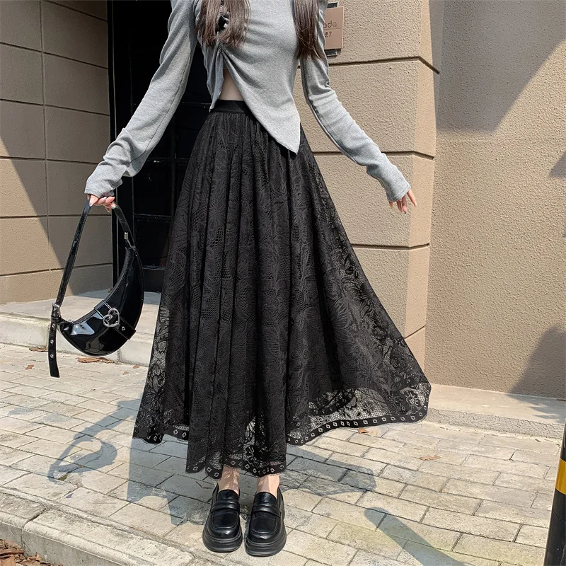 

Японская юбка женская с цветочным принтом, длинная Harajuku, однотонная, с цветочным крючком, полая, осенняя, классическая, в стиле ретро, кружевная, с высокой талией