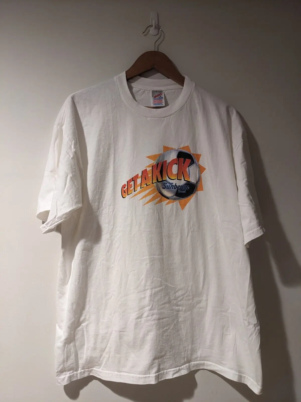 Vintage 90s Get a Kick Soccer Sunbeam Bread Food Promo White X-Large T-Shirt