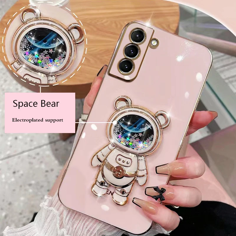 Cute Bear bracket Plating Phone Case For Samsung Galaxy S25 Edge S21 S20 FE Note 20 10 Plus S23 S22 S24 Ultra S25 Plus Cover