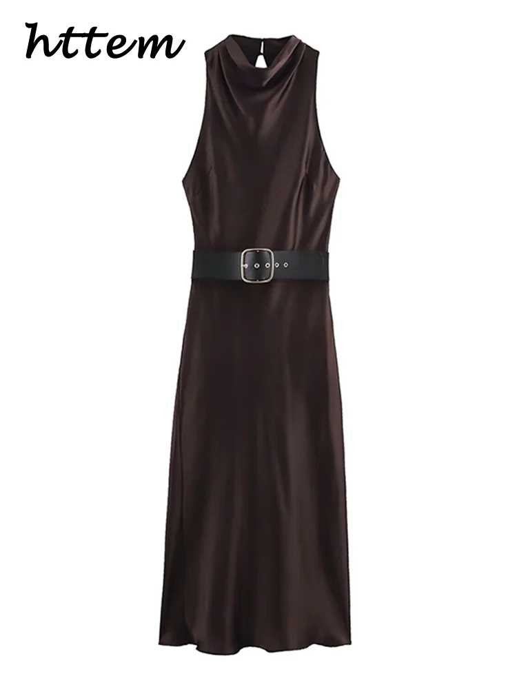 Elegante satijnen lange jurk met riem dames slanke coltrui mouwloze vrouwelijke feestjurken 2025, lente zomer dame woon-werkgewaden