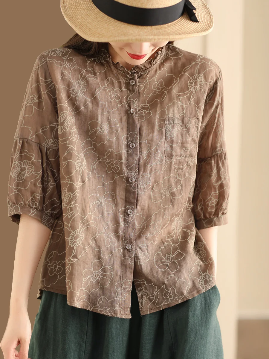 

Женская летняя льняная блузка с вышивкой и воротником-стойкой, на одной пуговице, с коротким рукавом, свободного кроя, для повседневной носки