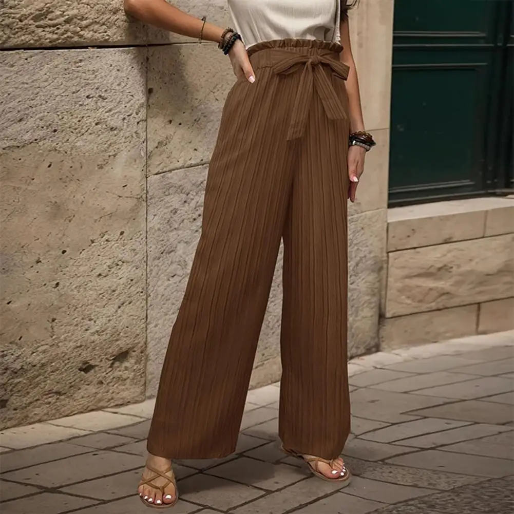 Pantalones informales elegantes para mujer, pantalones de pierna ancha con cintura elástica, detalle de cordones, ajuste suelto para ropa de calle informal o de vestir