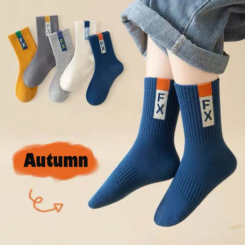 Chaussettes mi-longues en coton pour enfants, chaussettes de sport pour garçons, chaussettes d'équipage pour enfants, automne, 5 paires