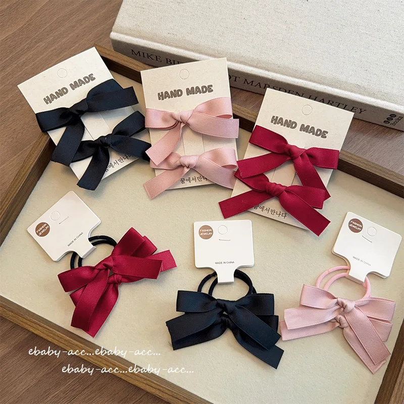Hair Clips Hair Ties Burgundy Black Satin Ribbon Bow Duckbill Kids Twin Ponytail Holders Lightweight Daily Party Travel Home