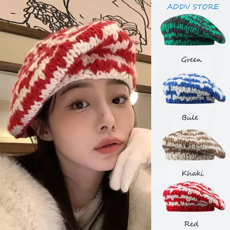 Women's Japanese Hand-woven Vintage Striped Knitted Beanie Parent-child Mixed Color Knitted Coarse Woolen Beret Hat