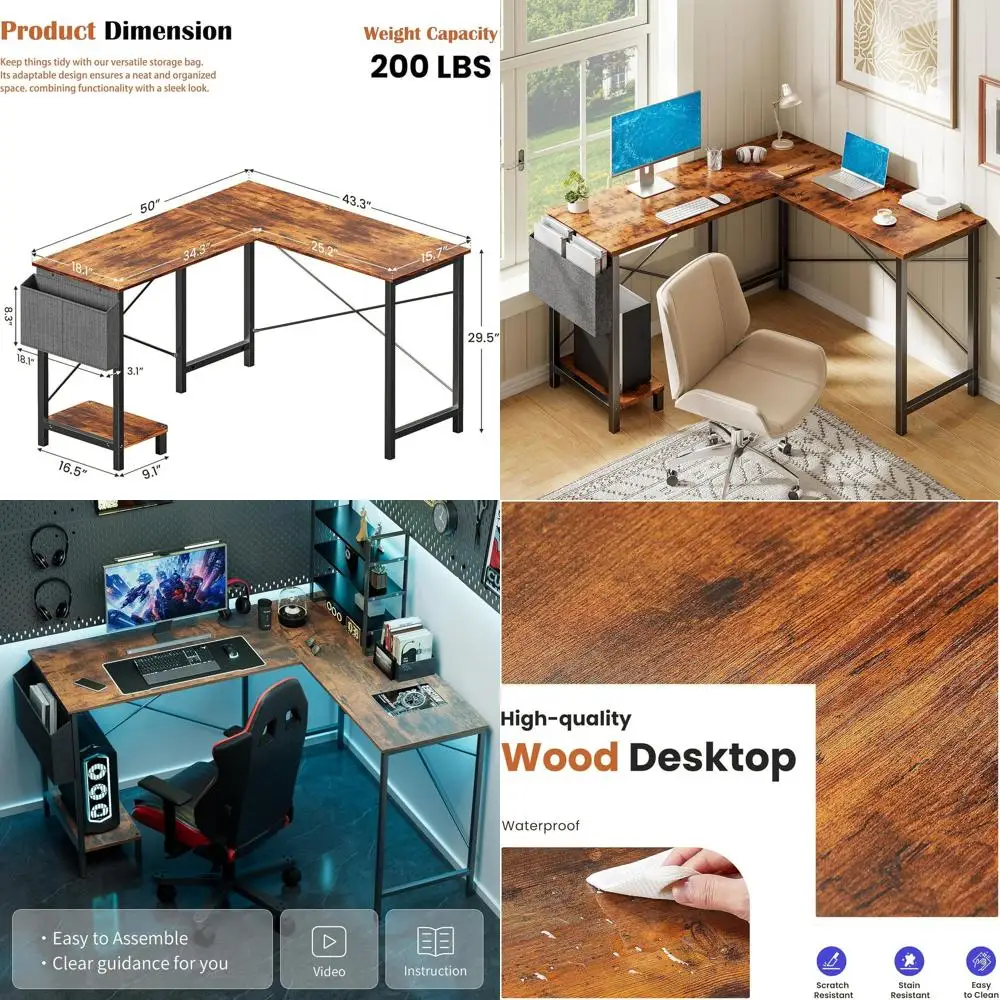 

Игровой L-образный стол Rustic Brown 50 с местом для хранения для домашнего офиса или кабинета