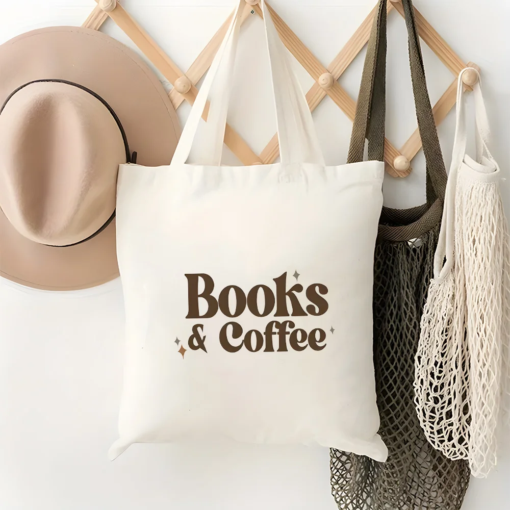 ABooks and Coffee Pattern Print Canvas Tote Bag, Suitable for Daily Use, Shopping, School, and Travel