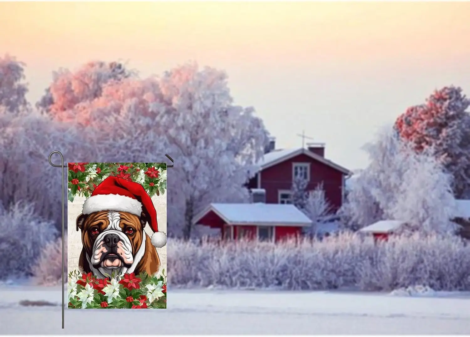 عيد الميلاد الكلب حديقة العلم الإنجليزية البلدغ مع سانتا قبعة ساحة العلم 12x18 بوصة مزدوجة الوجهين لعطلة عيد الميلاد الشتوية الخارجية D HZZ