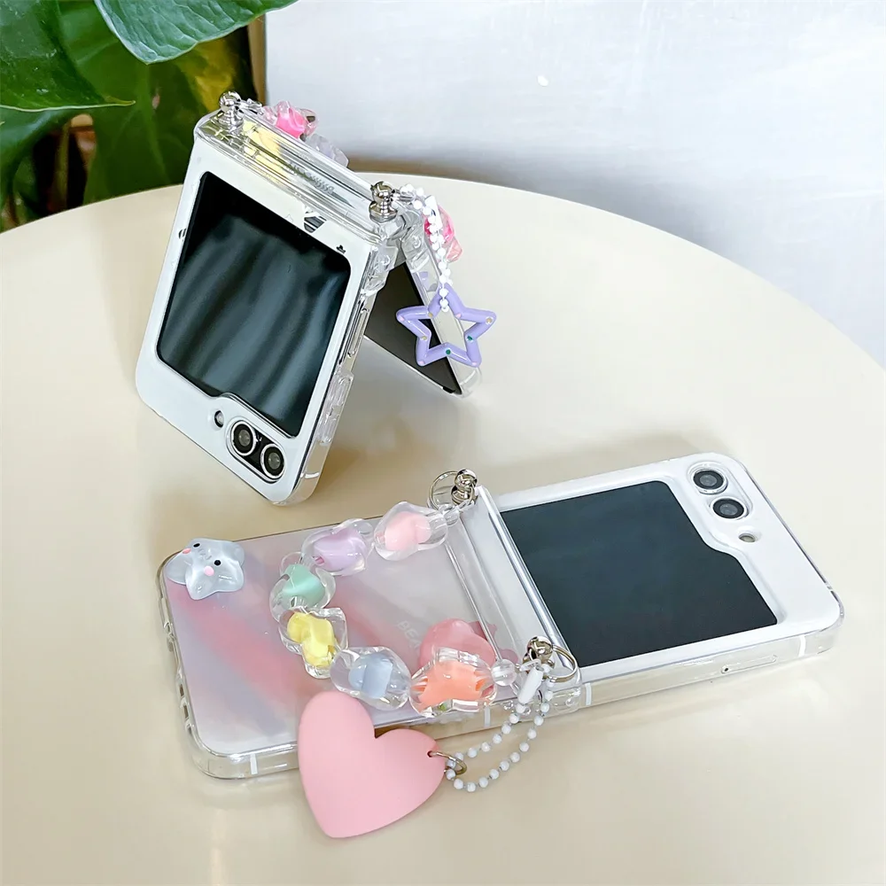 Cute Cartoon Star Love Heart Phone Case with Wrist Strap For Samsung Galaxy Z Flip 6 5 4 3 5G Hinge Protection Clear Hard Cover