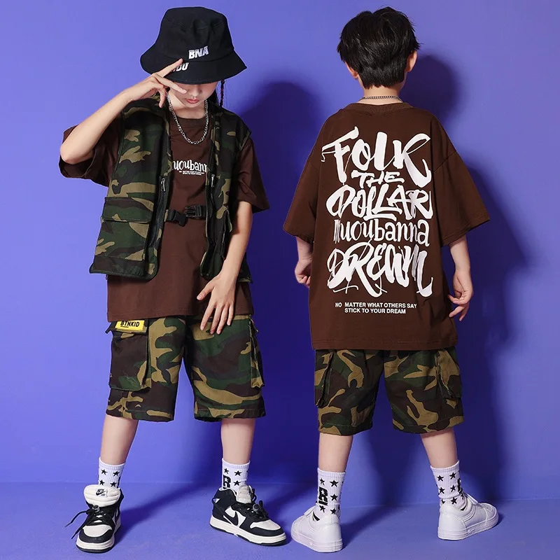 Kid Kpop Hip Hop Clothing Camouflage Tactical Vest Graphic T Shirt Summer Cargo Shorts for Girl Boy Jazz Dance Costume Clothes