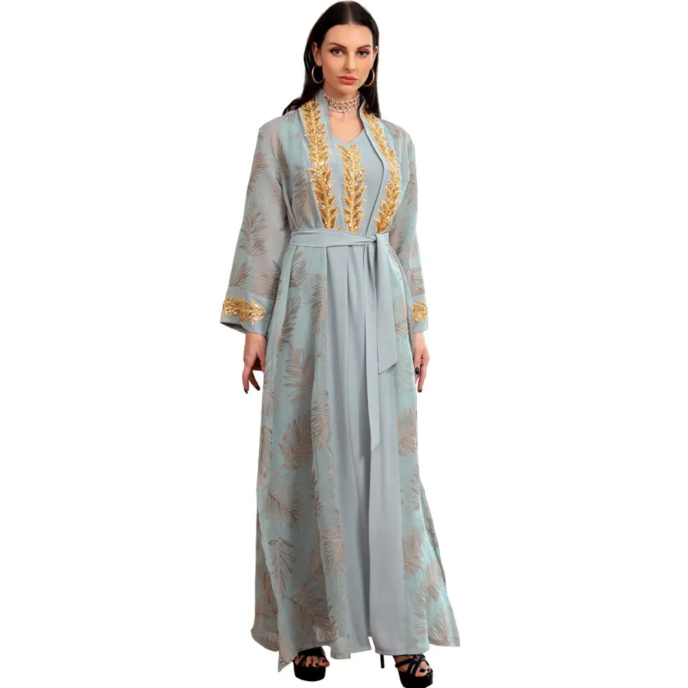 

Elegant Muslim Middle East Dubai Evening Dress Sparkle Sequins Open Abaya Two Pieces Robes with Sash Arabic Dresses for Women