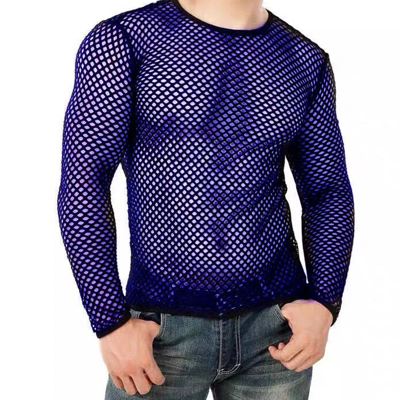 New Round Neck Hollow Out Clothes Man Summer Grid Mesh Sheer Long Sleeve American Style Plus Size Pullovers XJ157