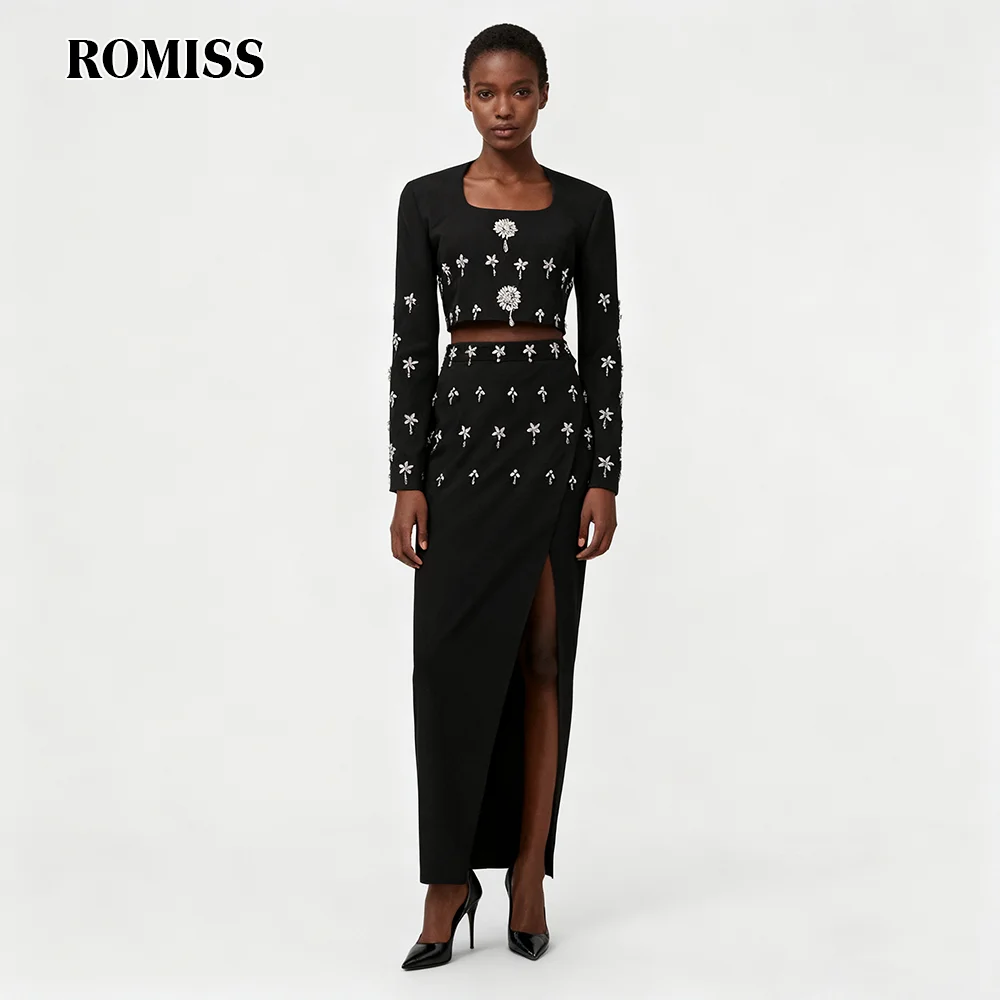 

ROMISS Вечерний комплект из двух предметов для женщин с круглым вырезом на плечах, пальто с высокой талией, длинная юбка с разрезом, костюм с бриллиантами, женский новый