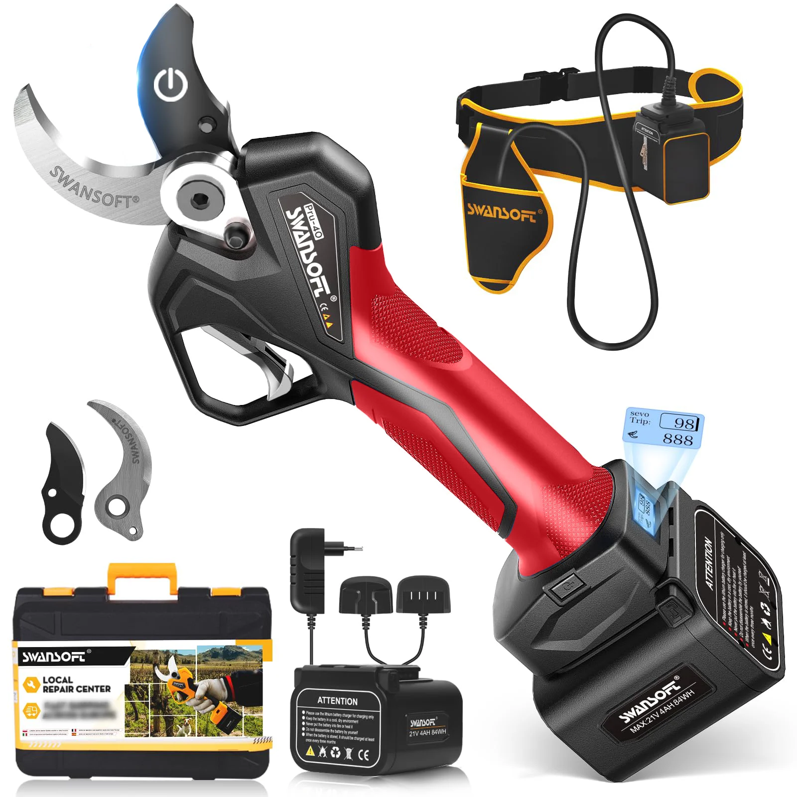 Cisailles d'Élagage Électriques SWANSOFT 40mm Sans Fil, Coupe Progressive, Outils de Jardinage, Batterie 21V PRU40