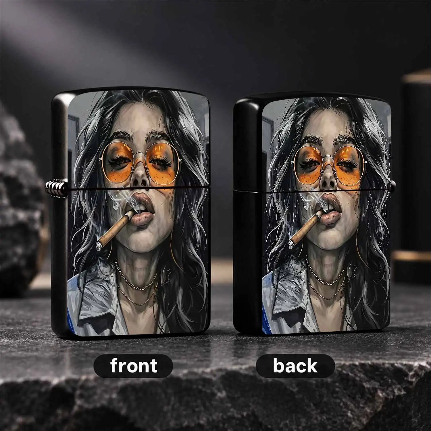 Trendy Retro Art Printed Lighter, Cool Stylish Figure Pattern With Orange Tint Glasses Design, Sleek Portable All-Scene Igniter, Ideal For Daily Commute Outdoor Trips, Unique Decorative Must-Have, Exquisite Gift Choice A Humorous And Intere