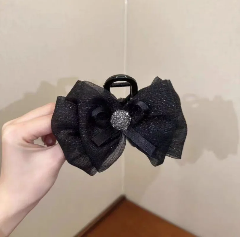 우아한 분위기의 메쉬 보우 헤어 클립 (여성용 시어서커 샤크 클립) 패션 소녀 뒷머리 헤어 클램프