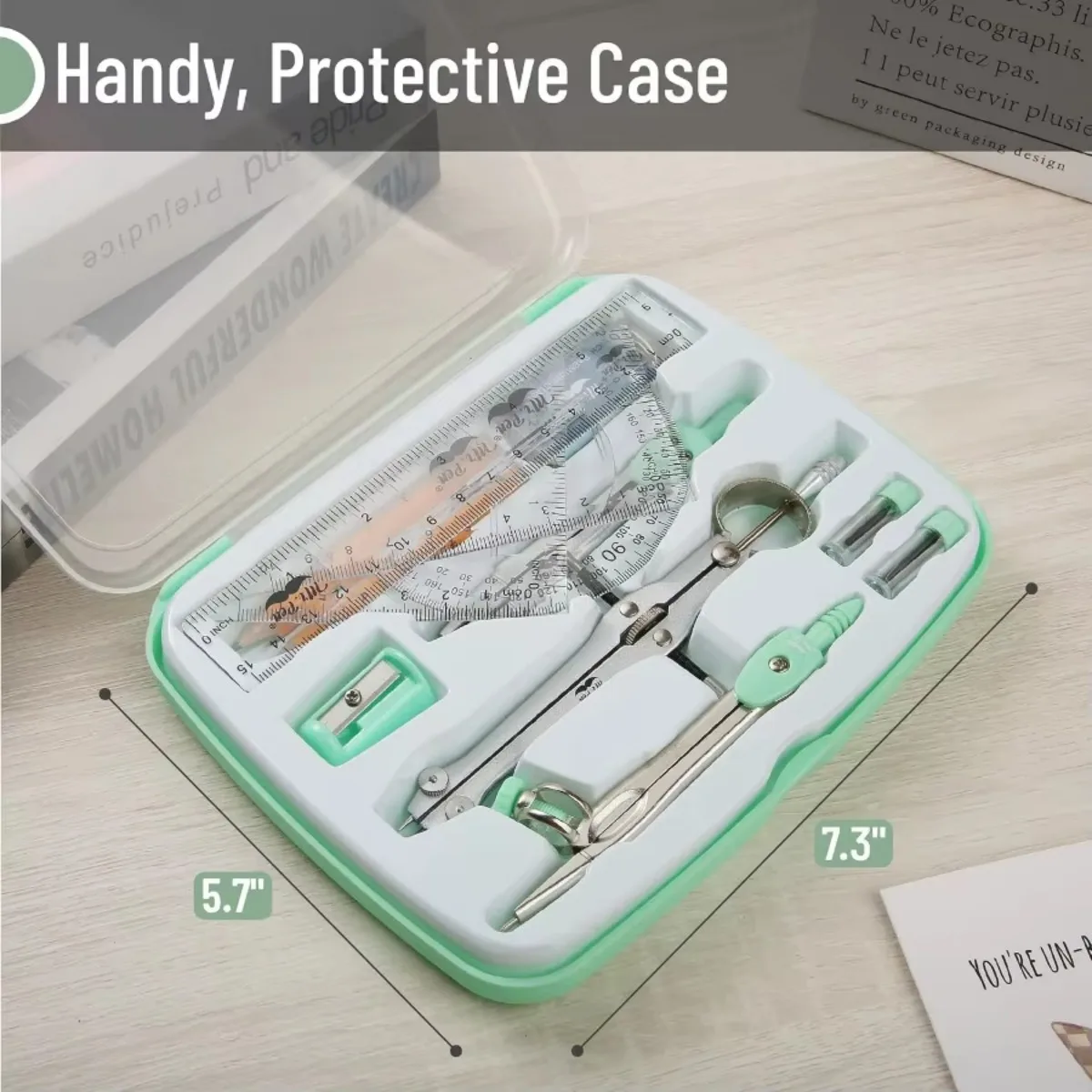 مجموعة هندسية، 13 قطعة، أخضر نعناعي، بوصلة لرياضيات بوصلة الهندسة، مجموعة أدوات هندسية مع صندوق تخزين مقاوم للكسر