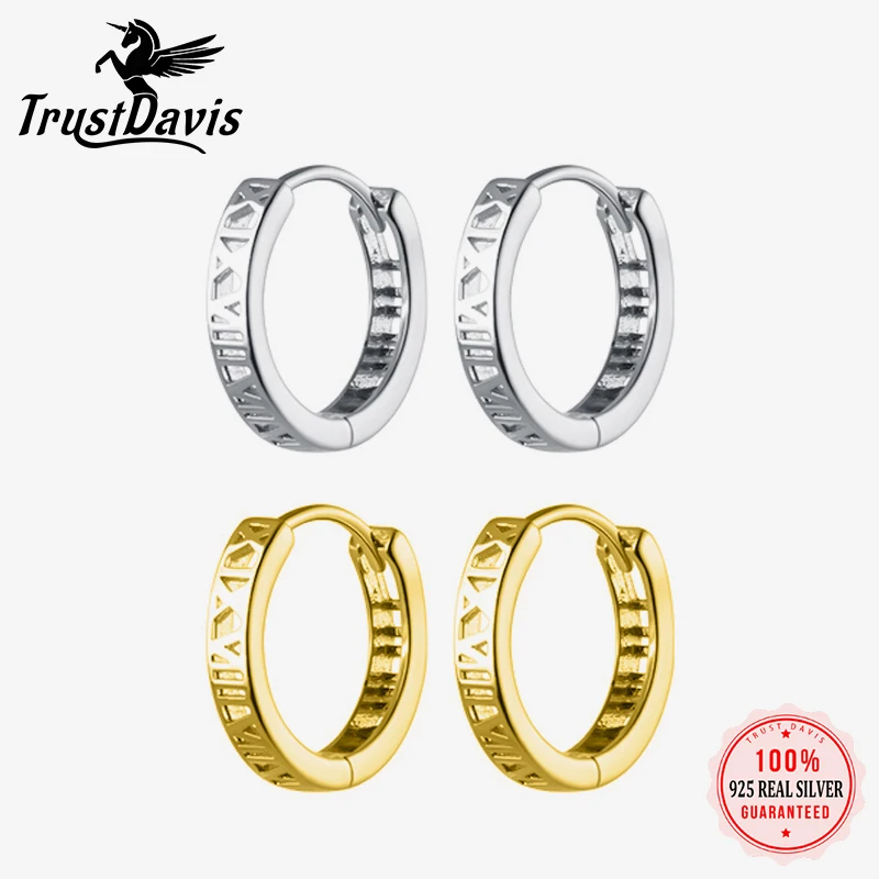 TrustDavis Pure 925 Sterling Silver Hoop Earring Roman Numerals Ear Cuff Clip on S925 Earrings For Women Girl Teen Jewelry DA022