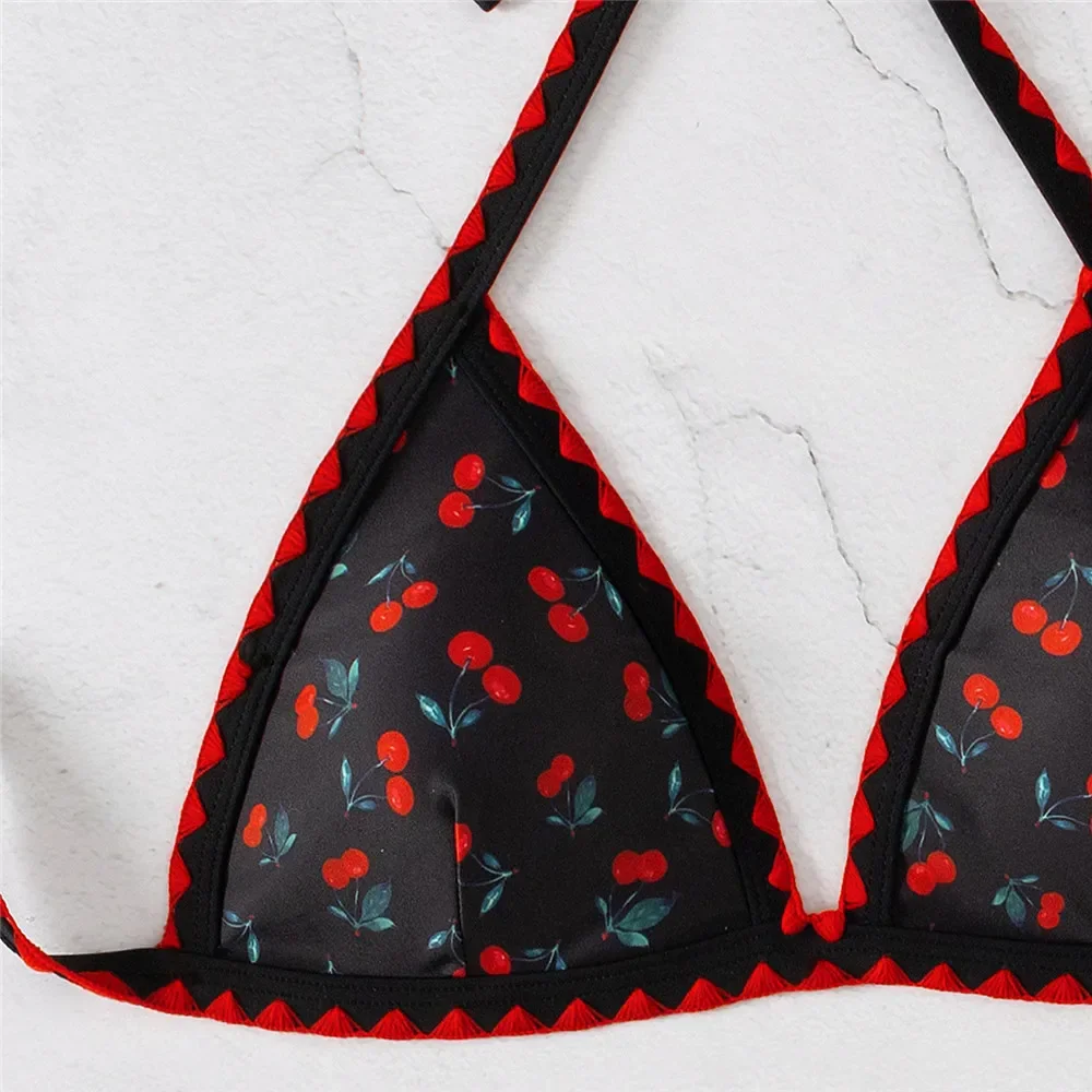 Women\'s Sexy Cherry Floral Print Swimwear Triangle Halter String Bikinis Sets High Cut Bathing Suit Bikini 2024 Mujer beachwear