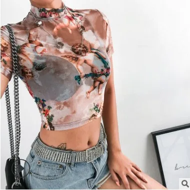 Maglietta Sexy in rete con stampa angelo Crop Top collo alto manica corta Graphic Tees donna Tie Dye Streetwear Harajuku camicie vendita calda