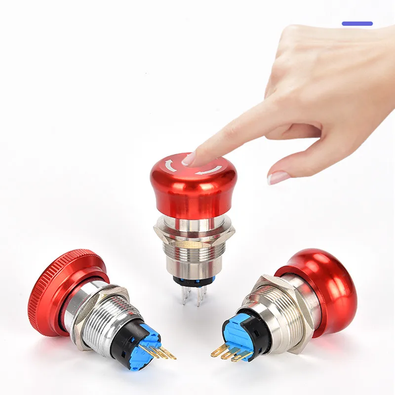 Metal Emergency Stop Button Switch 16/19/22mm mushroom head emergency STOP knob self-locking switch 1NO 1NC/2NO 2NC close button