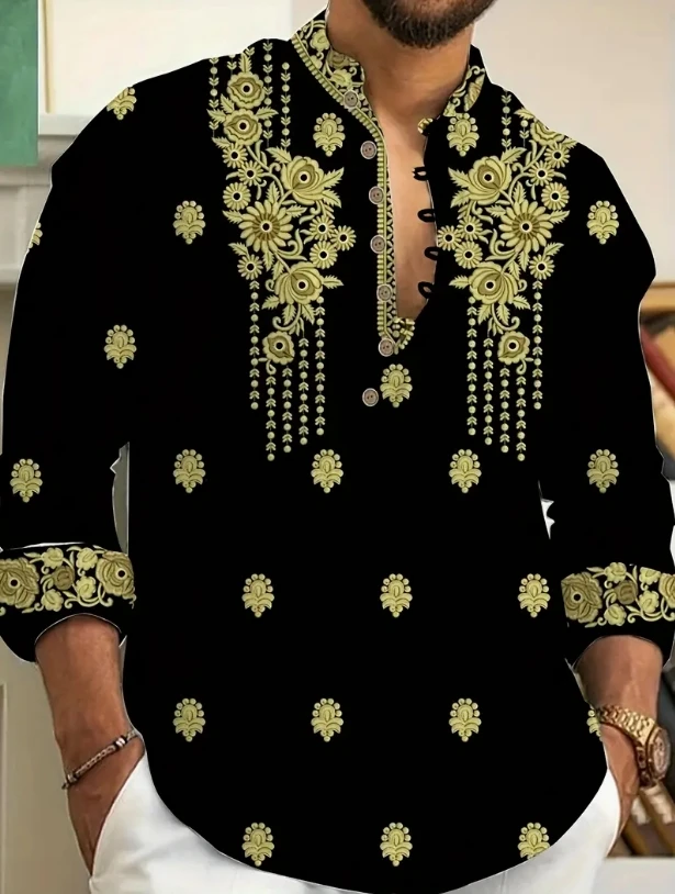 New Men's Henry Collar Linen Long Sleeve Casual Shirt Ethnic Print High Quality Top Fits Everyday2026