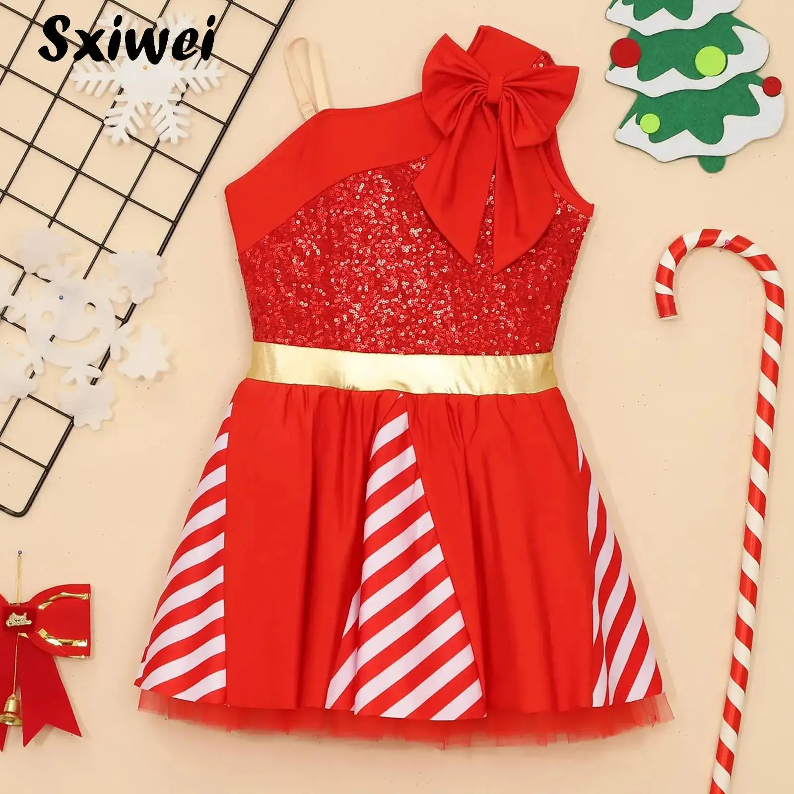 

Kids Girls Christmas Cosplay Costume Shiny Sequins Bowknot Dress Ballet Tutu Skating Leotard Dancewear for Xmas New Year Party