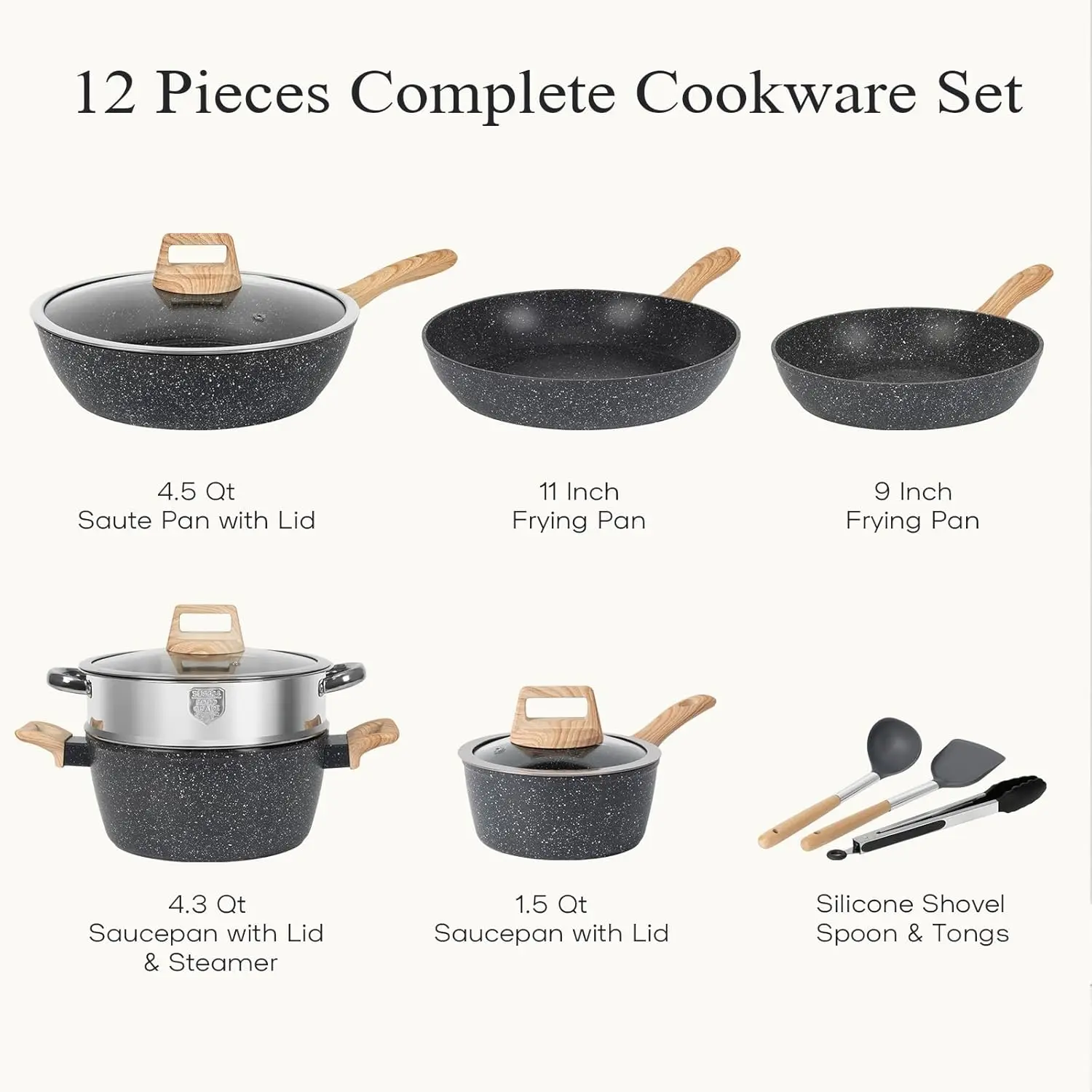 12pcs Pots and Pans Set Non Stick Kitchen Cookware Sets Induction Cookware Nonstick Granite Cooking Set with Frying Pans