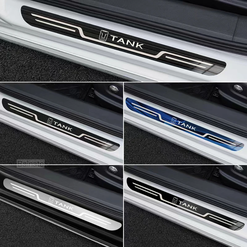 Car Stainless Steel Door Sill Scuff Plate, Carbon Fiber Threshold Protective Sticker For GWM WEY TANK 300 TANK 500 700 2023 2025