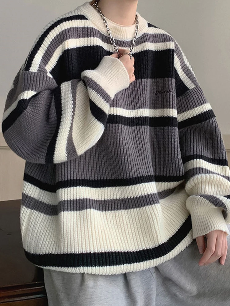 Striped Sweater Women Winter Embroidered Knitted Sweater Men Oversized Loose Contrast Color Pullover Retro Casual Jumpers Couple