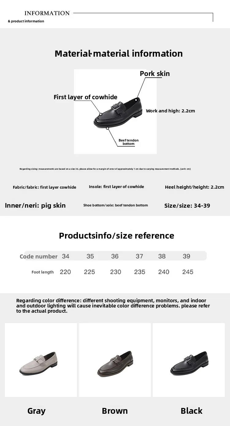 New gray first-layer washed cowhide loafers, round head, belt buckle, one-pedal single shoes, commuter flats.