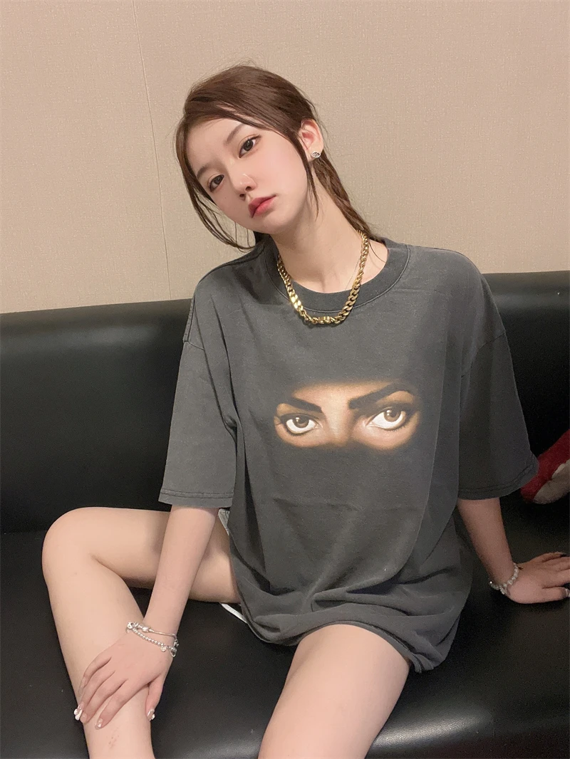 

Summer American High Street Jackson Eye Print Retro Wash Vintage T-shirt Leisure Oversize Loose Cotton Round Neck Short Sleeve